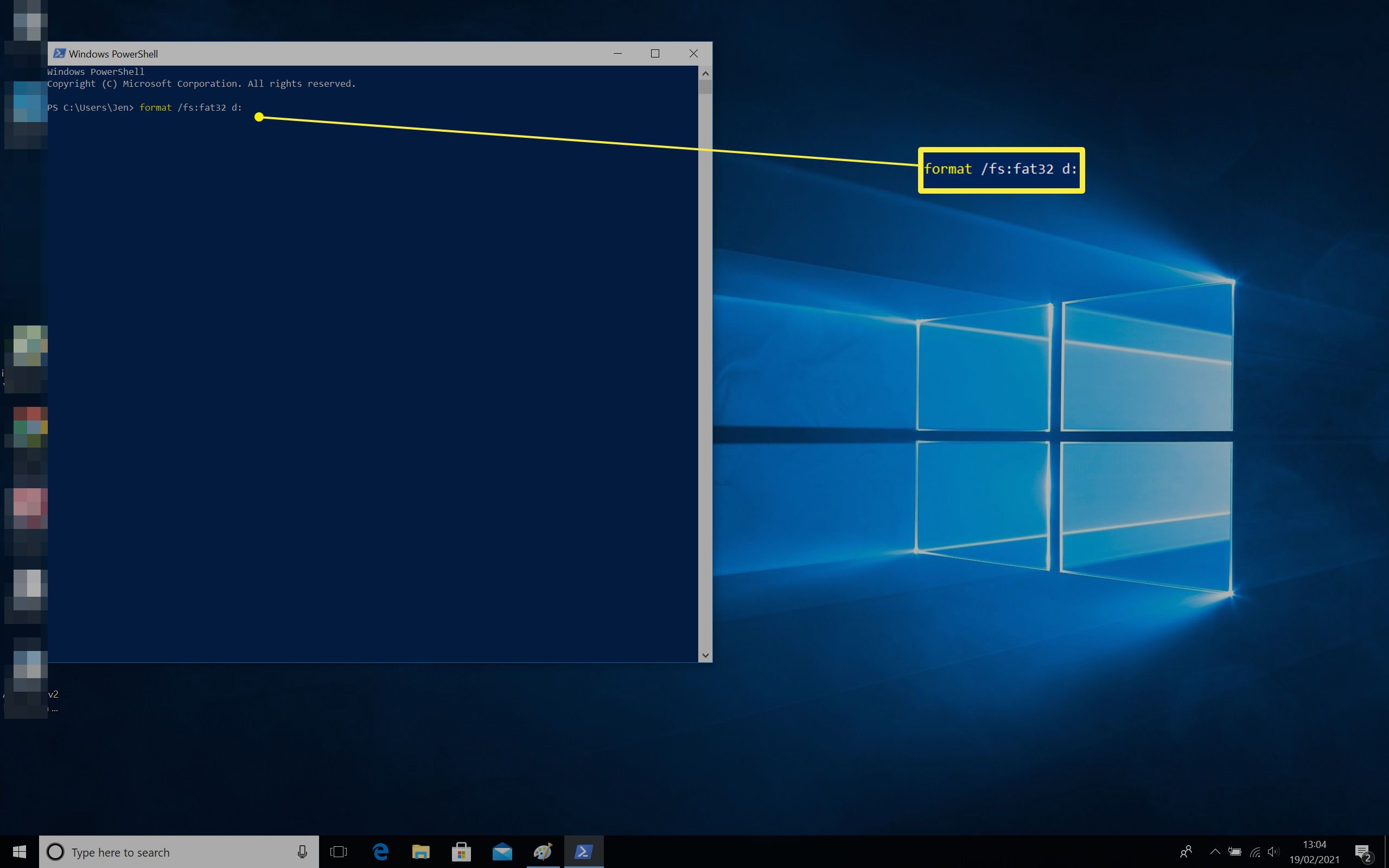 Windows 10 Powershell met ingetypte formaatcode