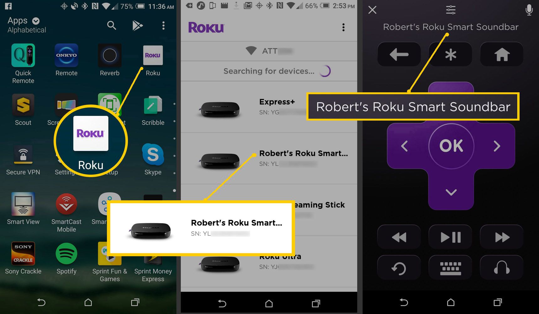 Roku mobiele app – Selecteer Roku Soundbar