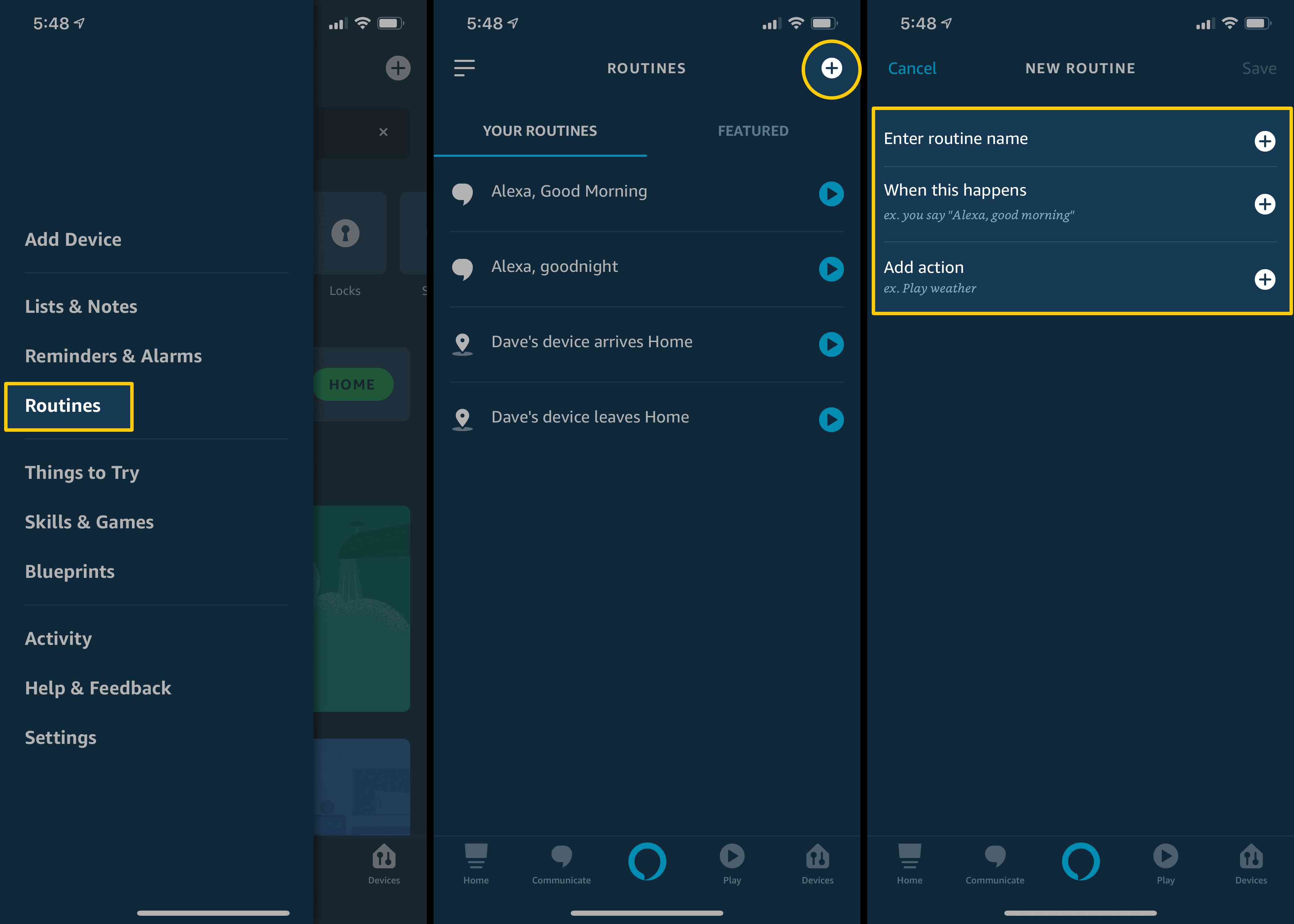 Screenshots die laten zien hoe je een routine toevoegt in de Alexa-app voor verlichting.