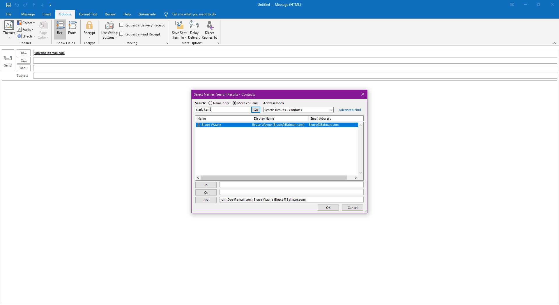 Ontvangers toevoegen in het BCC-veld in Outlook-screenshot