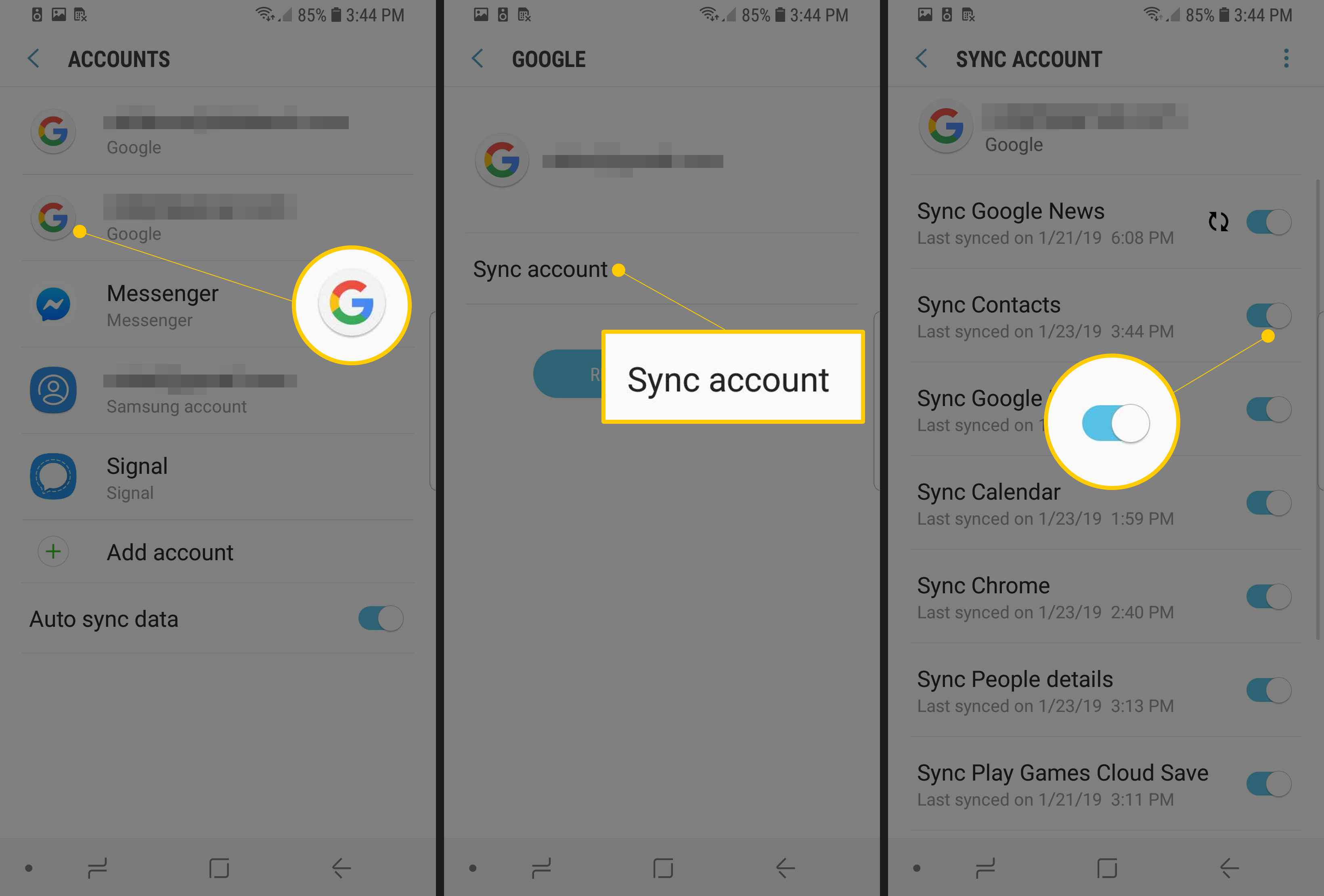 Drie Android-schermen met Accounts, Account synchroniseren en Contacten synchroniseren schakelen naar AAN