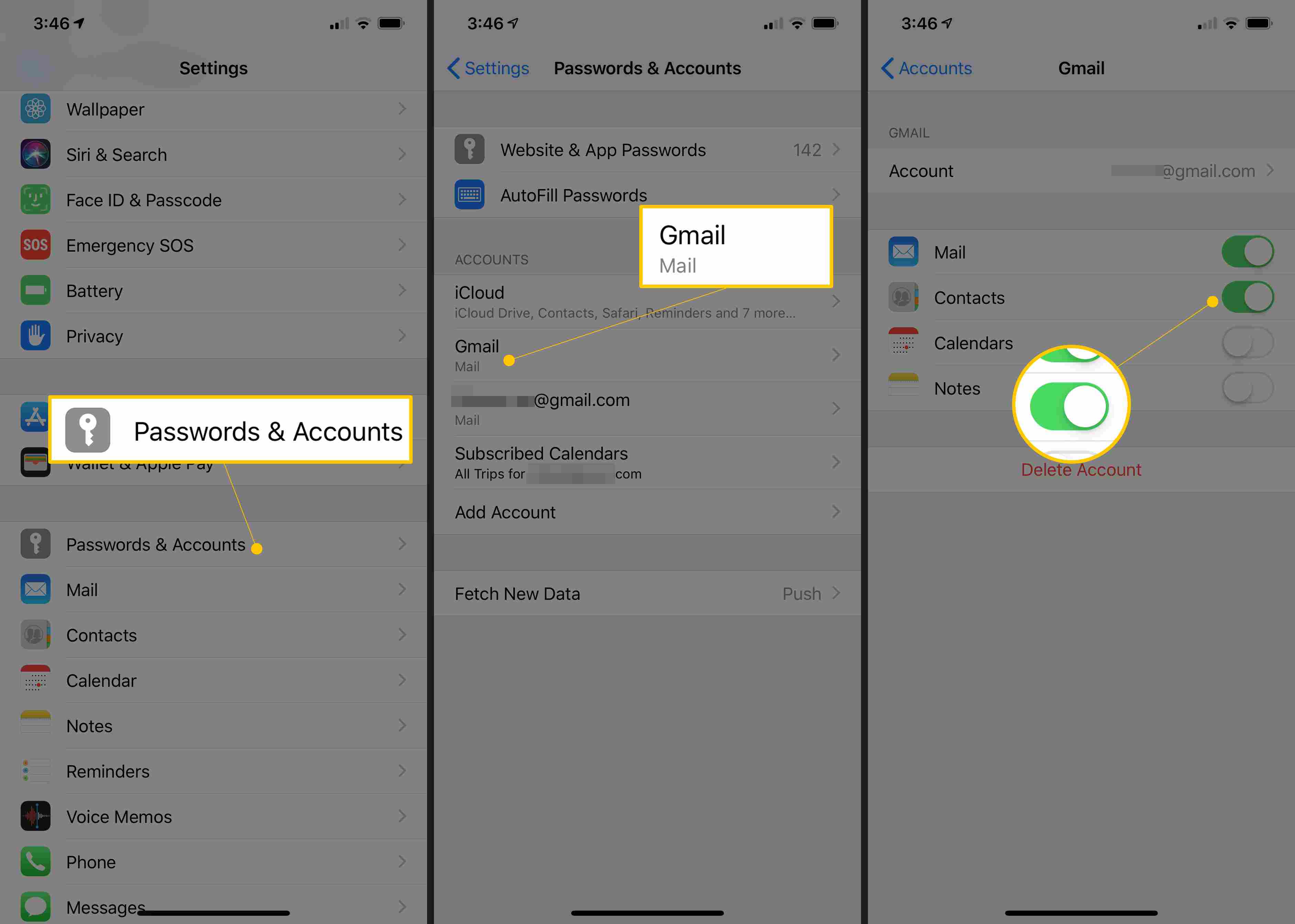 Drie iOS-schermen met wachtwoorden en accounts, Gmail en contacten schakelen naar AAN