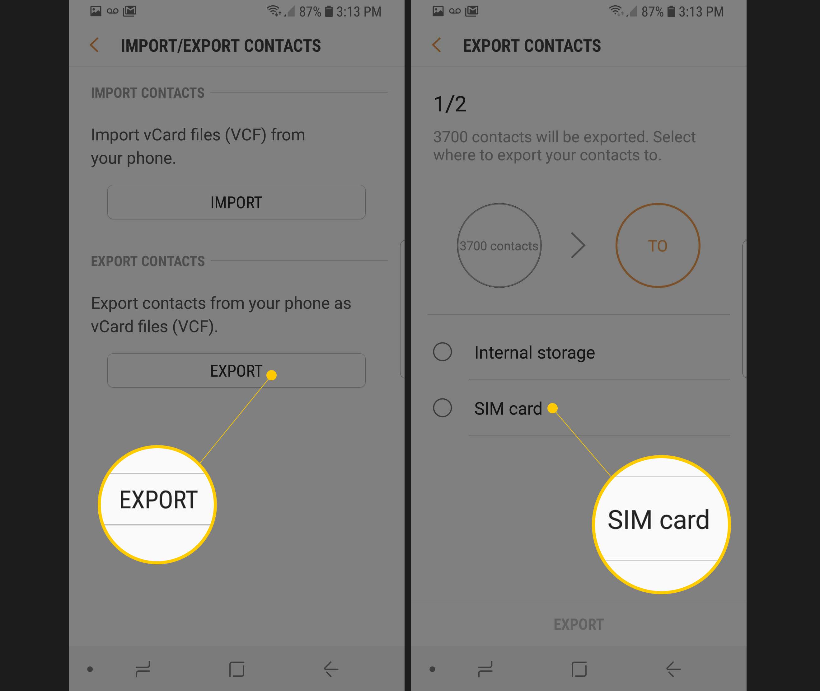 Twee Samsung-schermen met de exportknop en de optie voor opslag op de simkaart