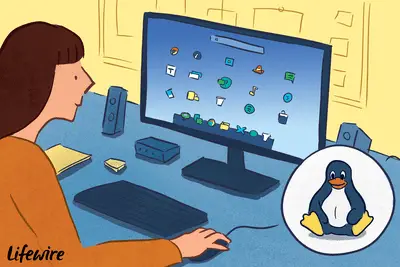 Illustratie van een persoon die Linux gebruikt op een desktopcomputer