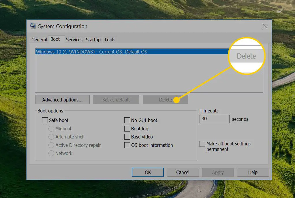 Knop Verwijderen in Windows Systeemconfiguratie