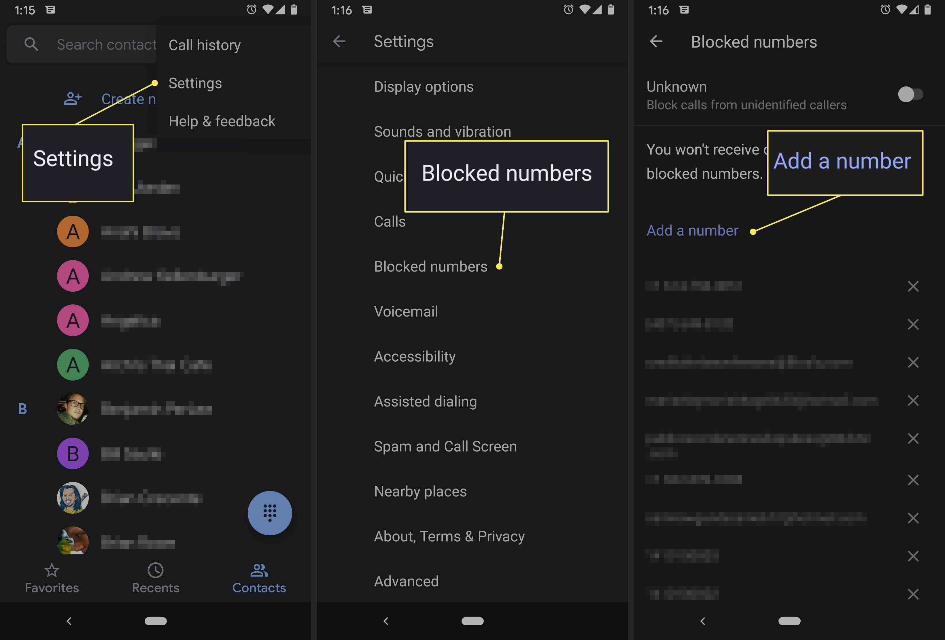 Een Android-gebruiker opent de lijst met geblokkeerde nummers