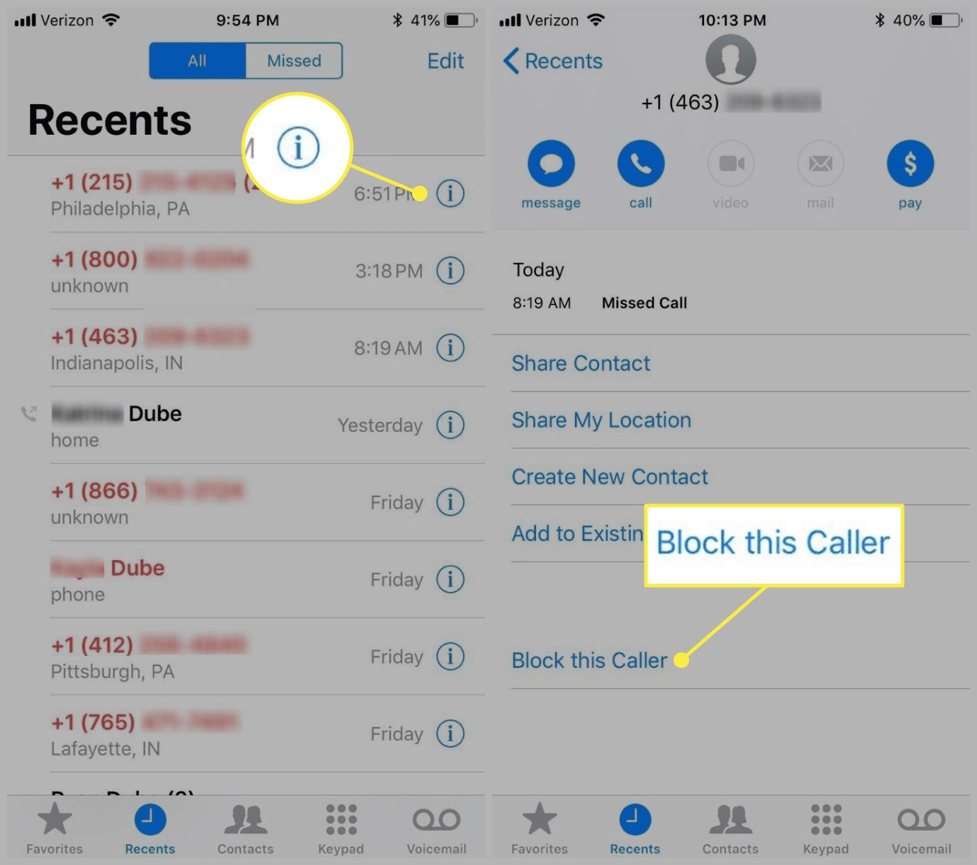 Een iOS-gebruiker blokkeert een telefoonnummer