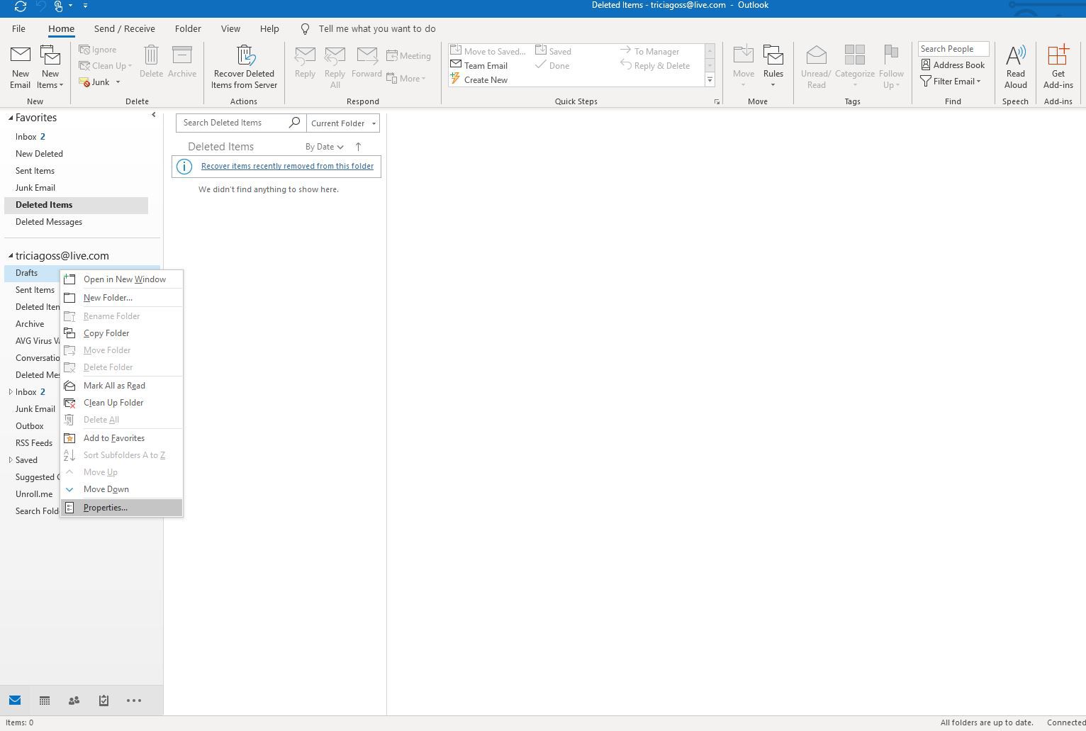 Schermafbeelding van rechtsklikmenu in Outlook-navigatievenster