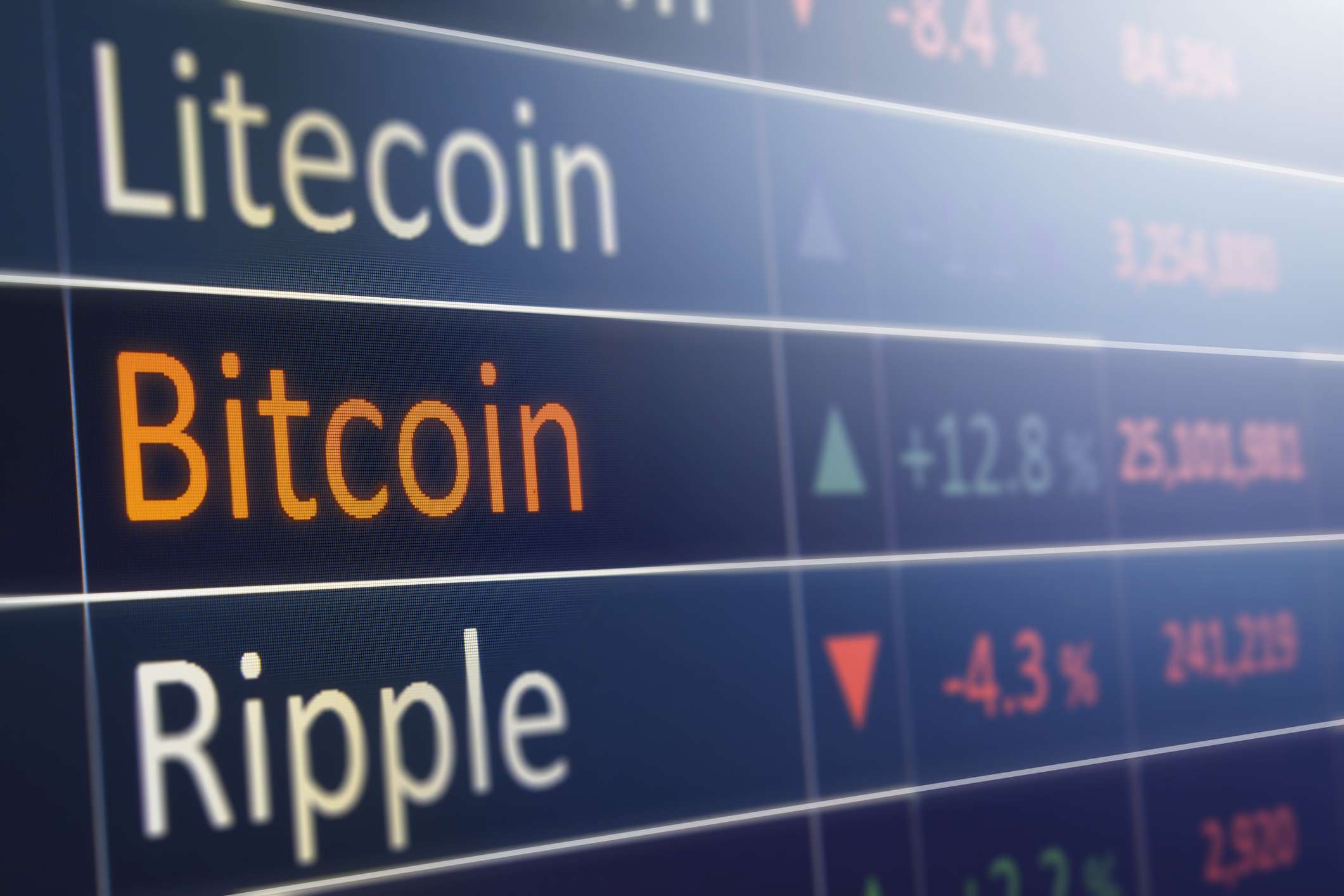 Close-up van Litecoin-, Bitcoin- en Ripple-waarden die toenemen en afnemen