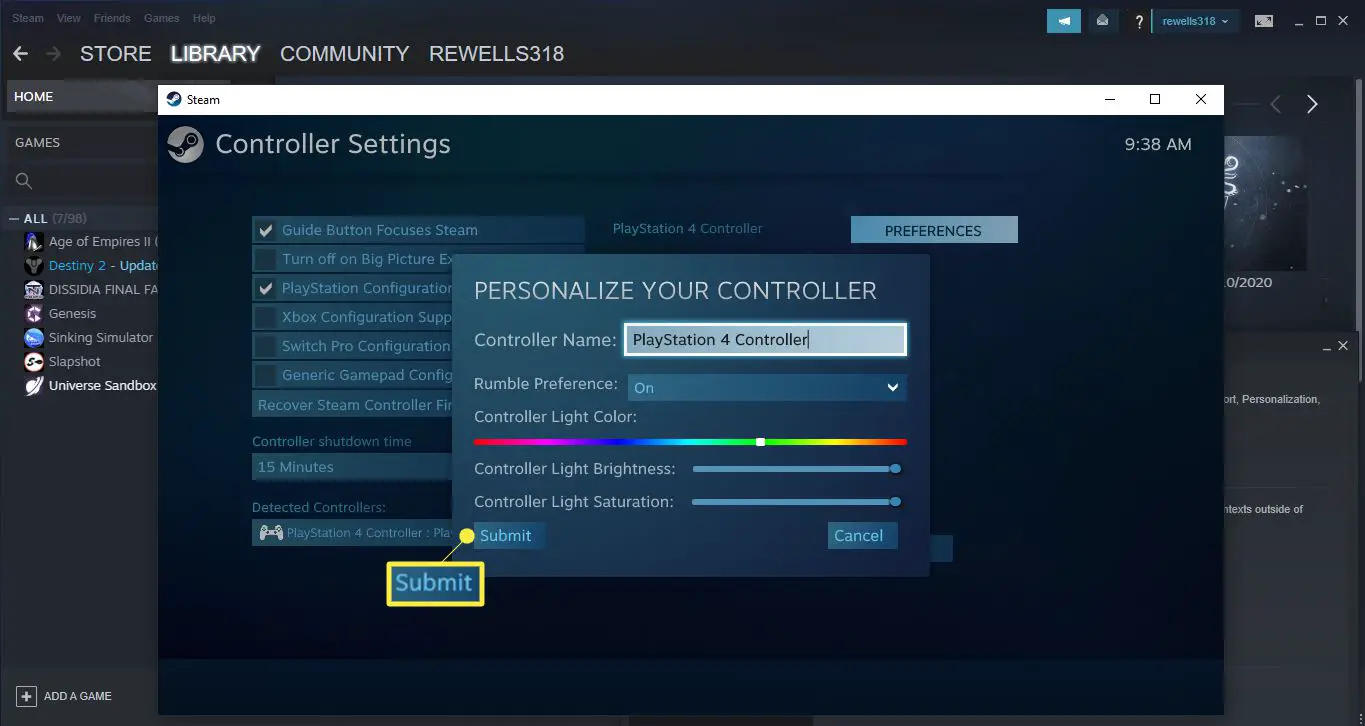 Pas de instellingen van de PS4-controller aan en selecteer Verzenden.