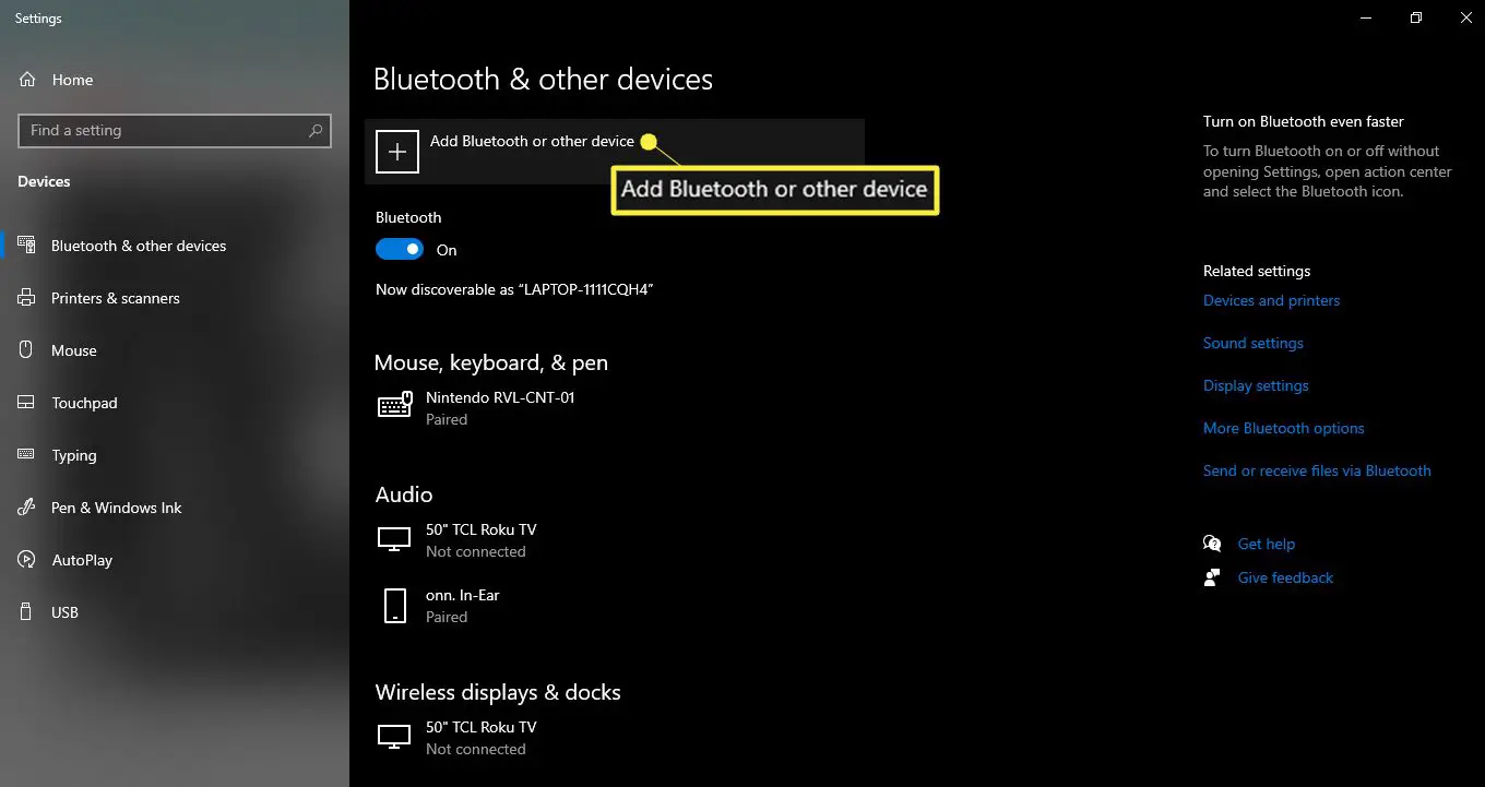 Open de Windows Bluetooth-instellingen en selecteer Bluetooth of ander apparaat toevoegen.