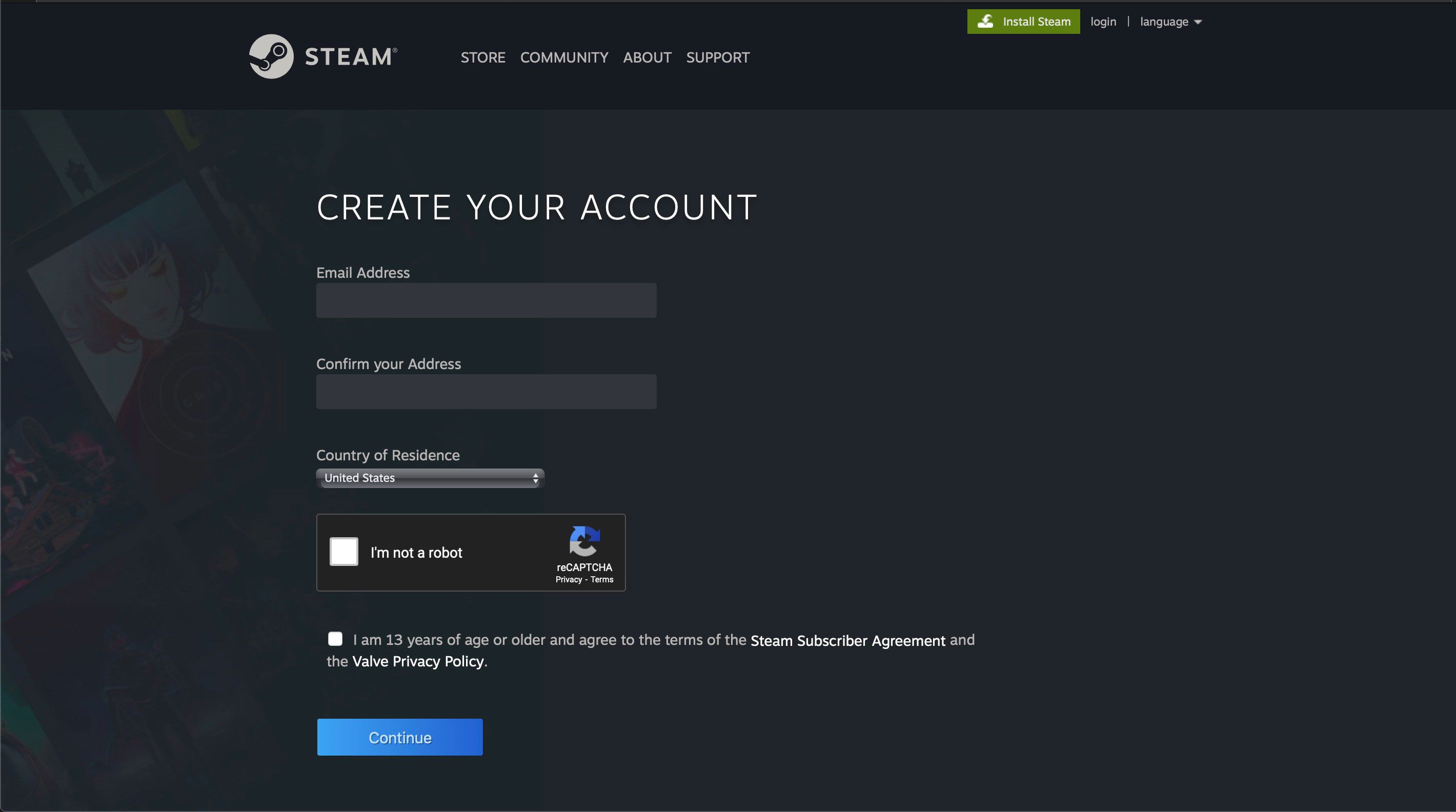Het scherm Maak je account op Steam