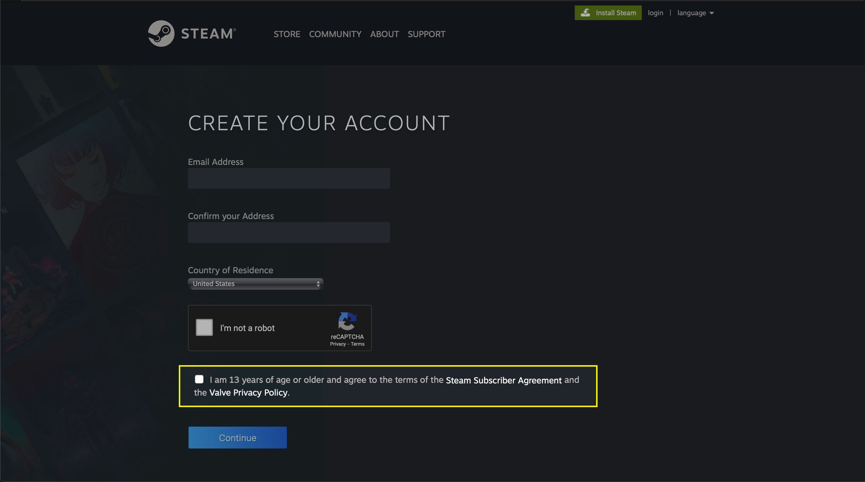 De gebruikersovereenkomst-links en checkbox op Steam's Create Your Account-pagina