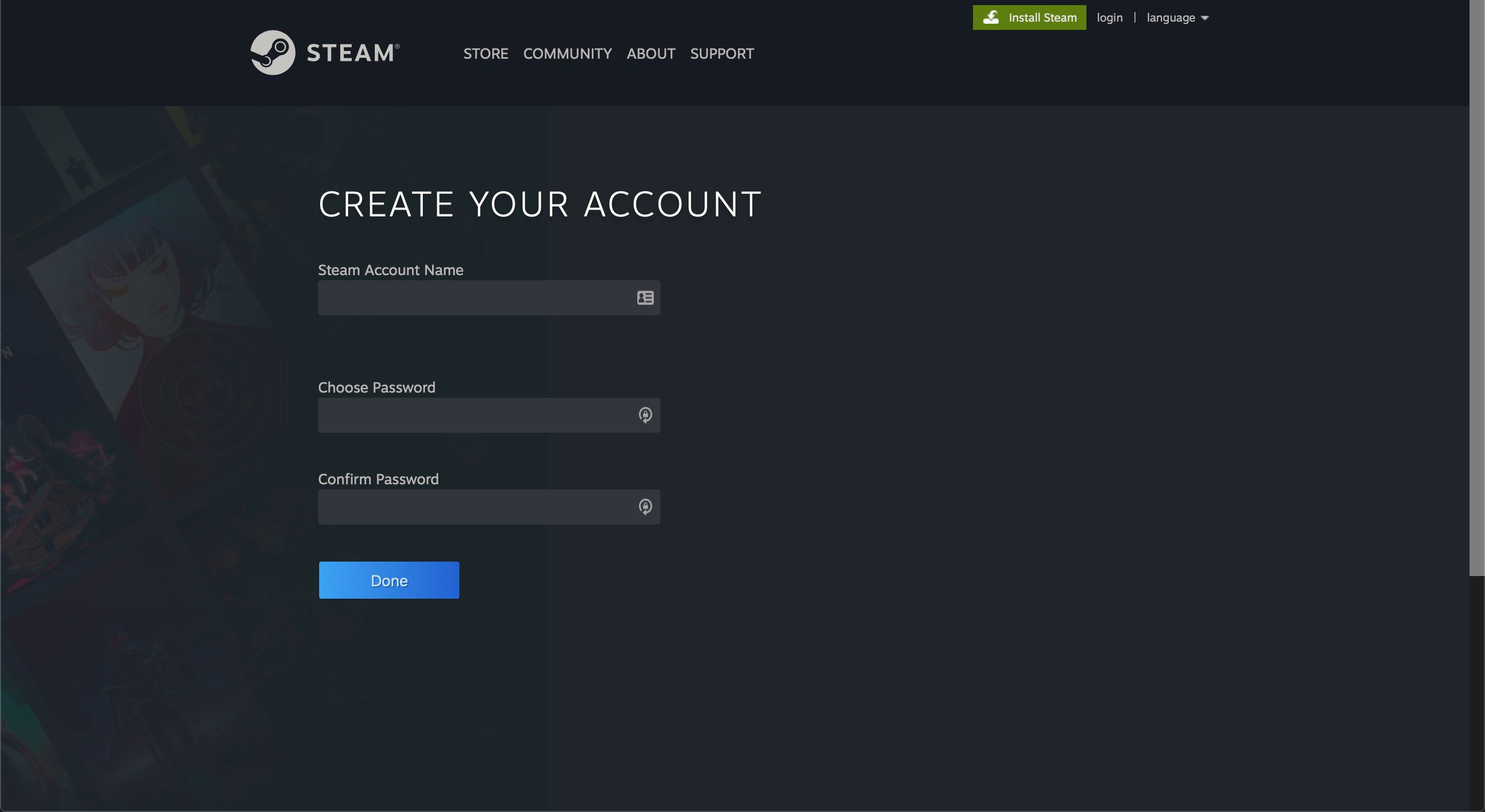 De Steam-accountnaam en wachtwoordpagina