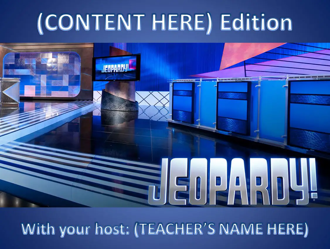 Het eerste scherm van een Jeopardy-game gespeeld in PowerPoint