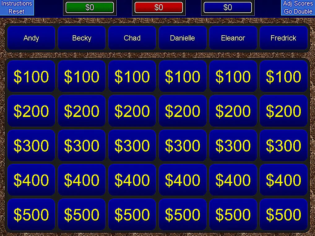 Screenshot van een blauwe Jeopardy PowerPoint-sjabloon