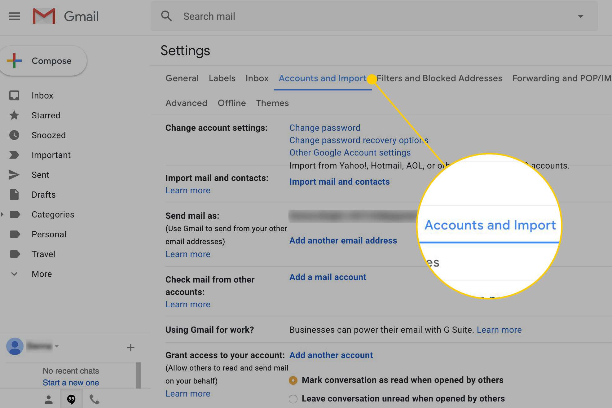 Gmail-instellingenscherm met het menu Accounts en Importeren gemarkeerd