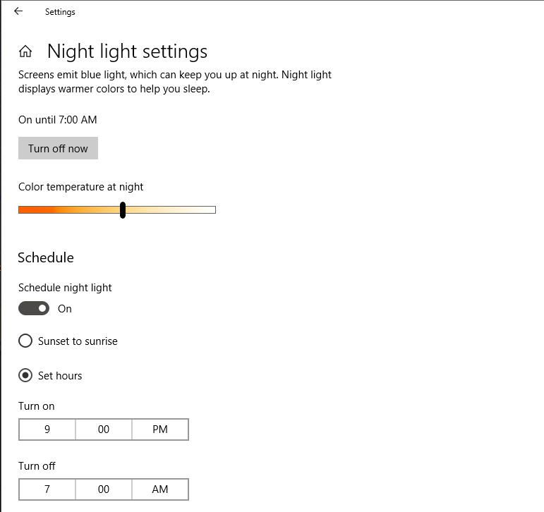 screenshot van Windows 10 Night Light-instellingen