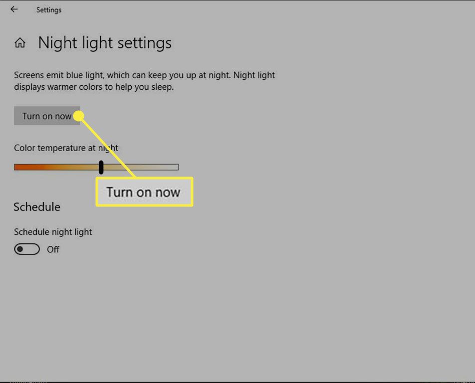 De knop "nu inschakelen" in de instellingen van Windows 10 Night Light