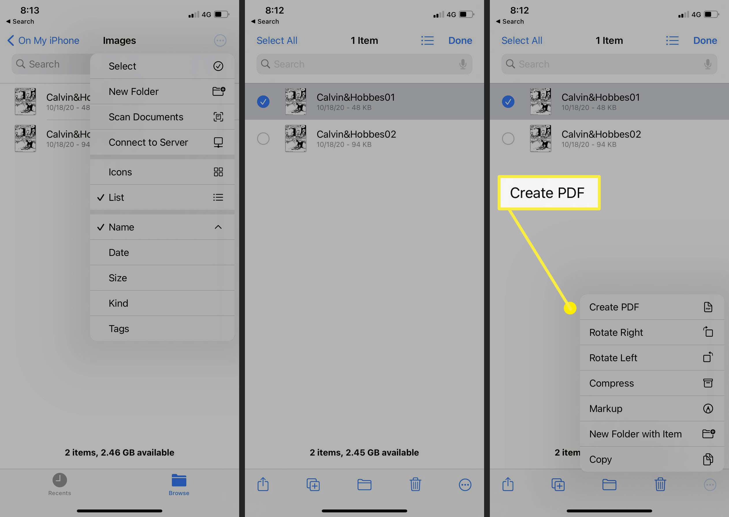De app Bestanden in iOS 14 gebruiken om JPG naar PDF te converteren.