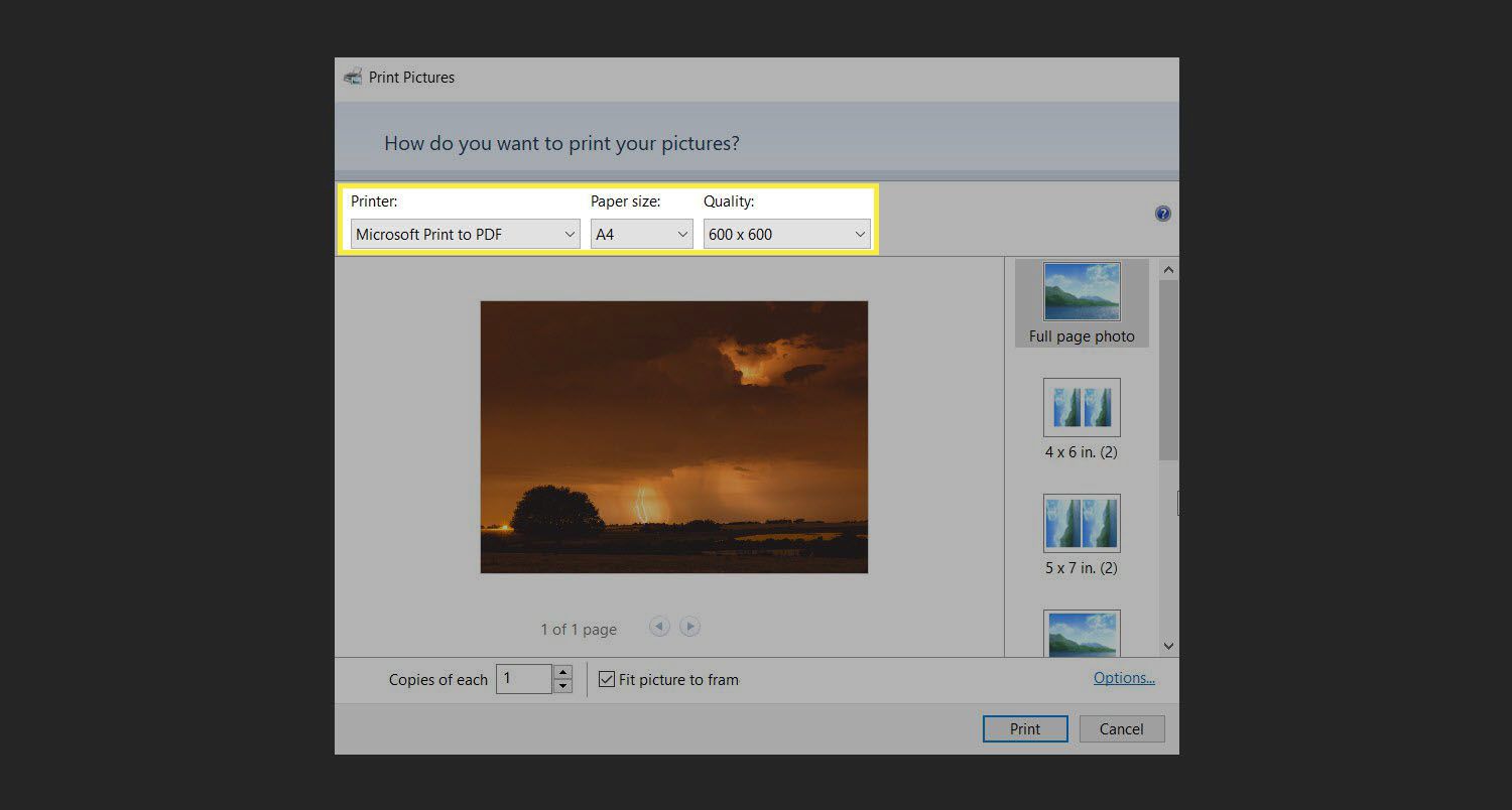Dialoogvenster Afbeeldingen afdrukken van Windows met Microsoft Afdrukken naar PDF geselecteerd.