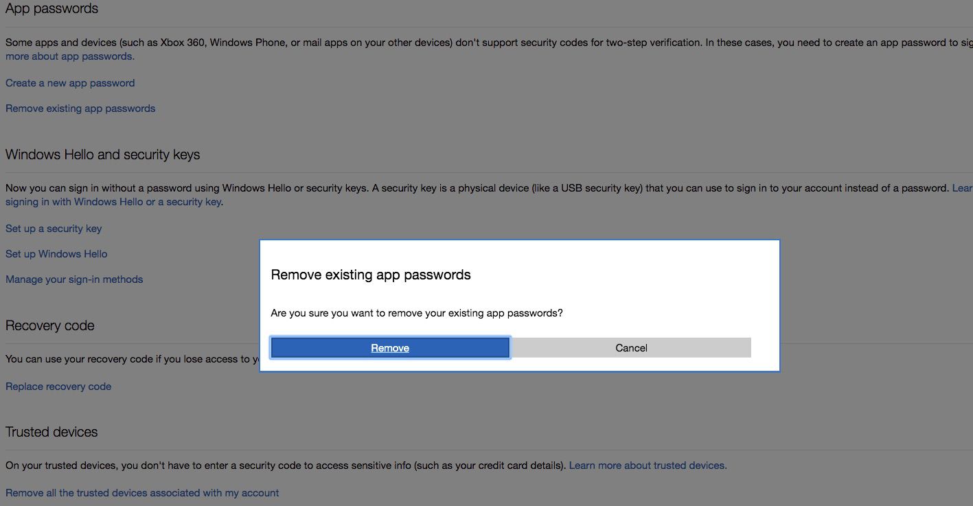 Schermafbeelding van het vak Bestaande app-wachtwoorden verwijderen in Outlook.com