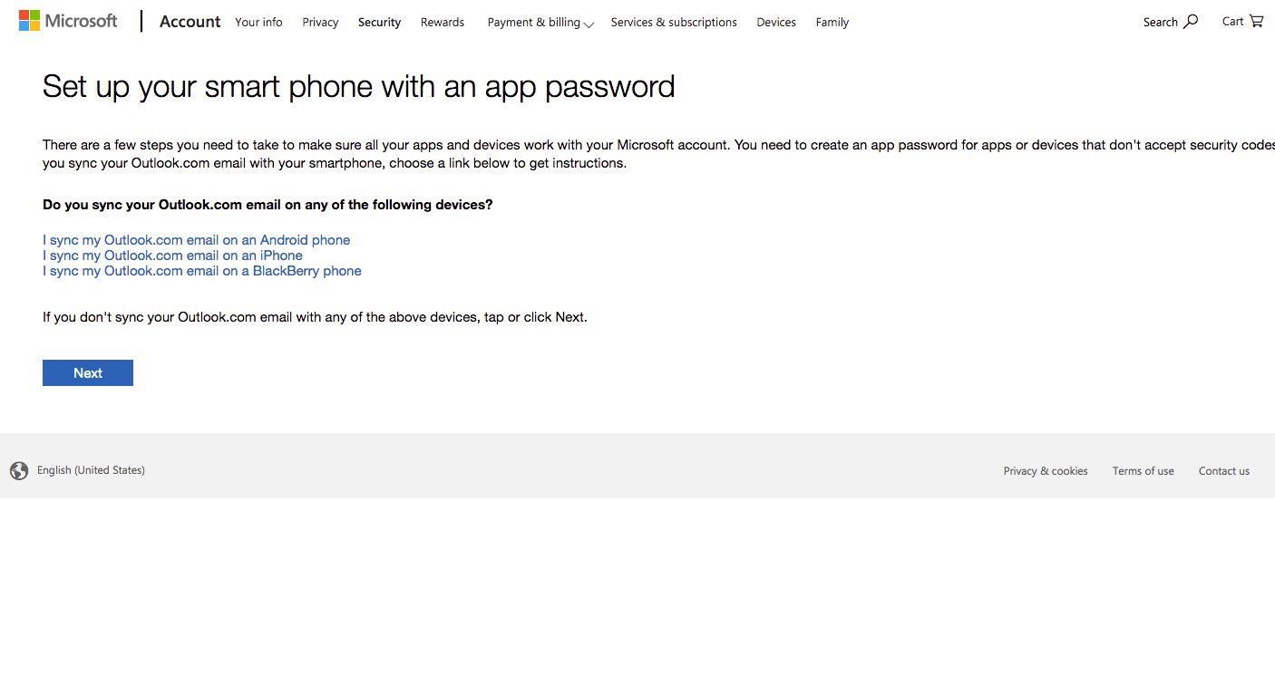 Screenshot van het instellen van een smartphone met app-wachtwoord