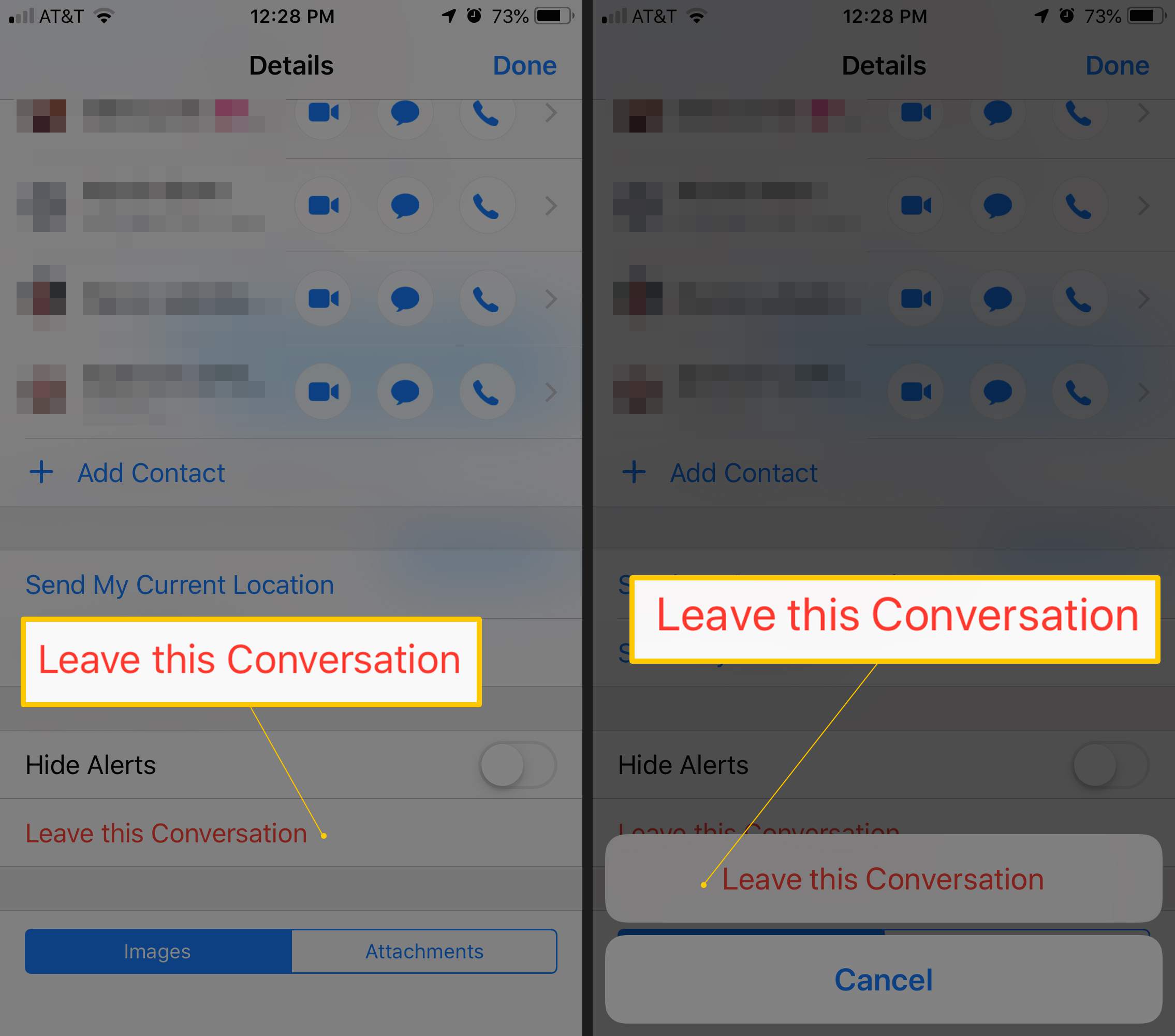 Twee iOS-schermen met de opties voor dit gesprek verlaten en de bevestigingsknop