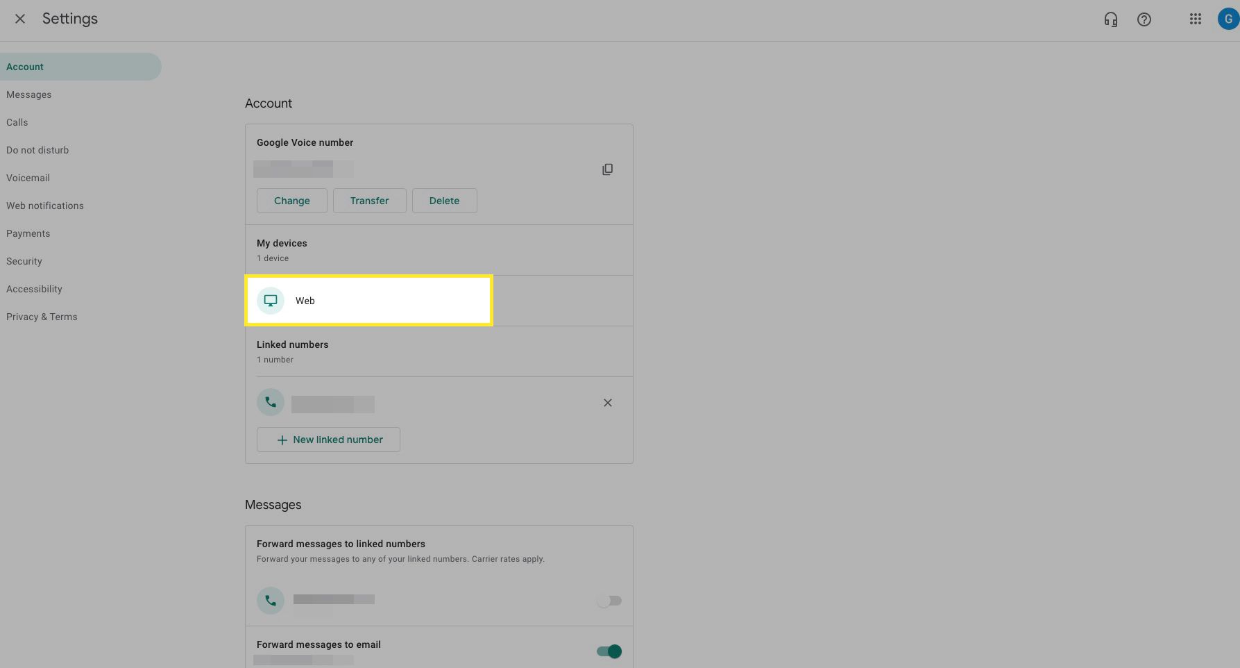 Google Voice-instellingen met Web gemarkeerd