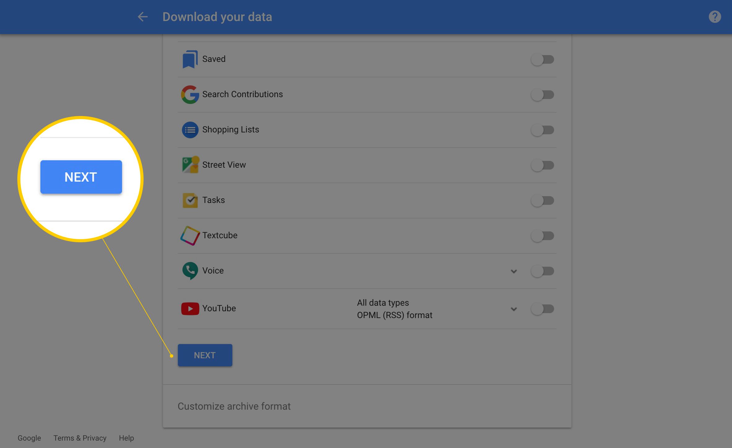 Volgende-knop op Download uw gegevenspagina in Google-account