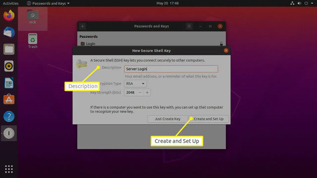 Ubuntu Seahorse maakt SSH-sleutel met Aanmaken en instellen gemarkeerd