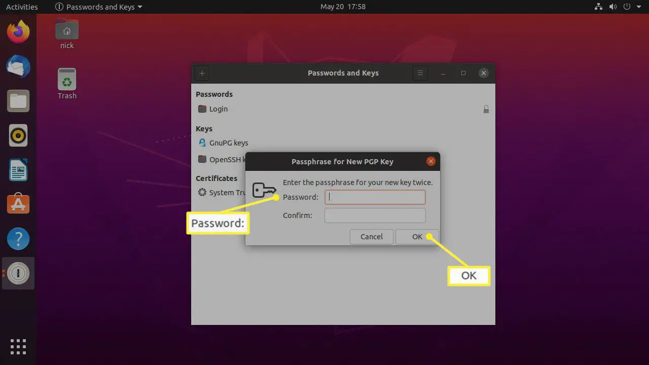Ubuntu Seahorse stelt GPG-wachtwoord in
