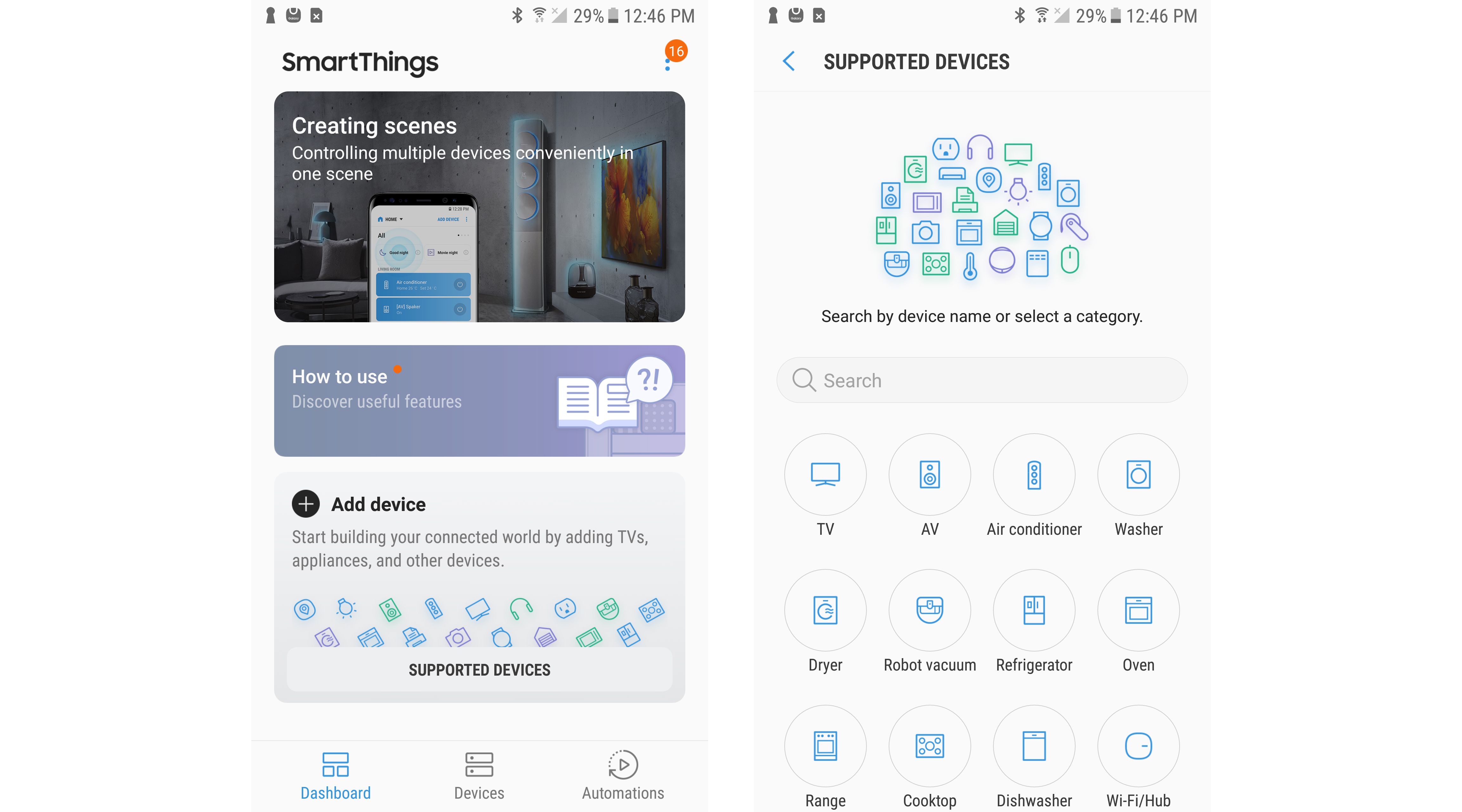 Screenshots van de Samsung SmartThings domotica-app