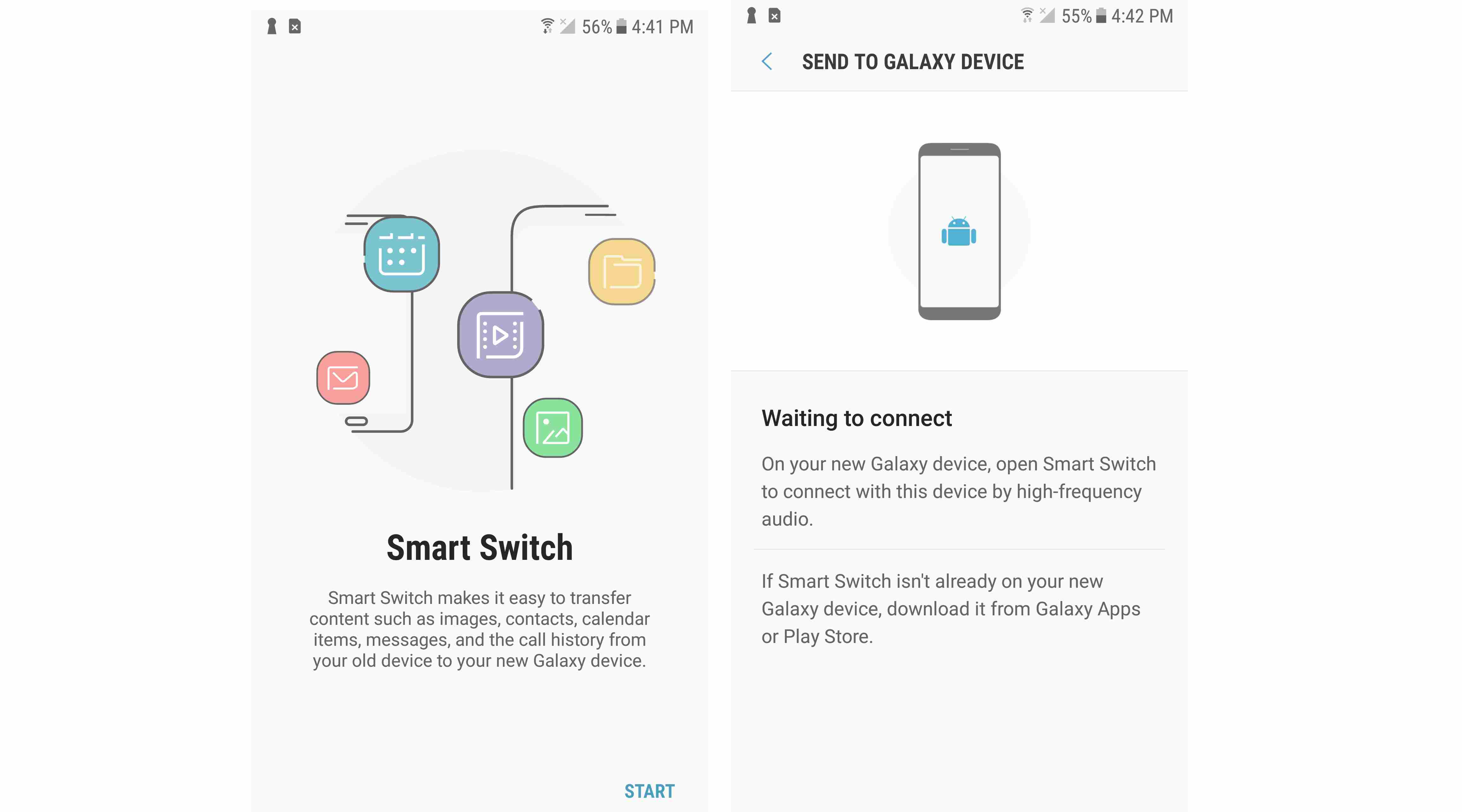 Schermafbeeldingen van de Samsung Smart Switch-app