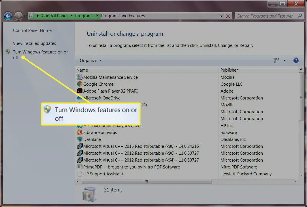 Schakel Windows-functies in of uit in Configuratiescherm, Windows