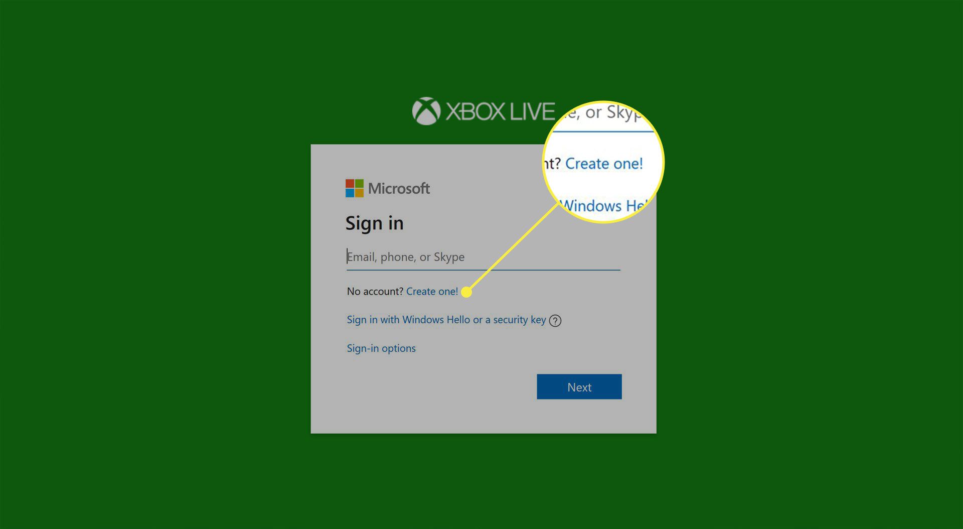 De link "Een maken" op Xbox Live