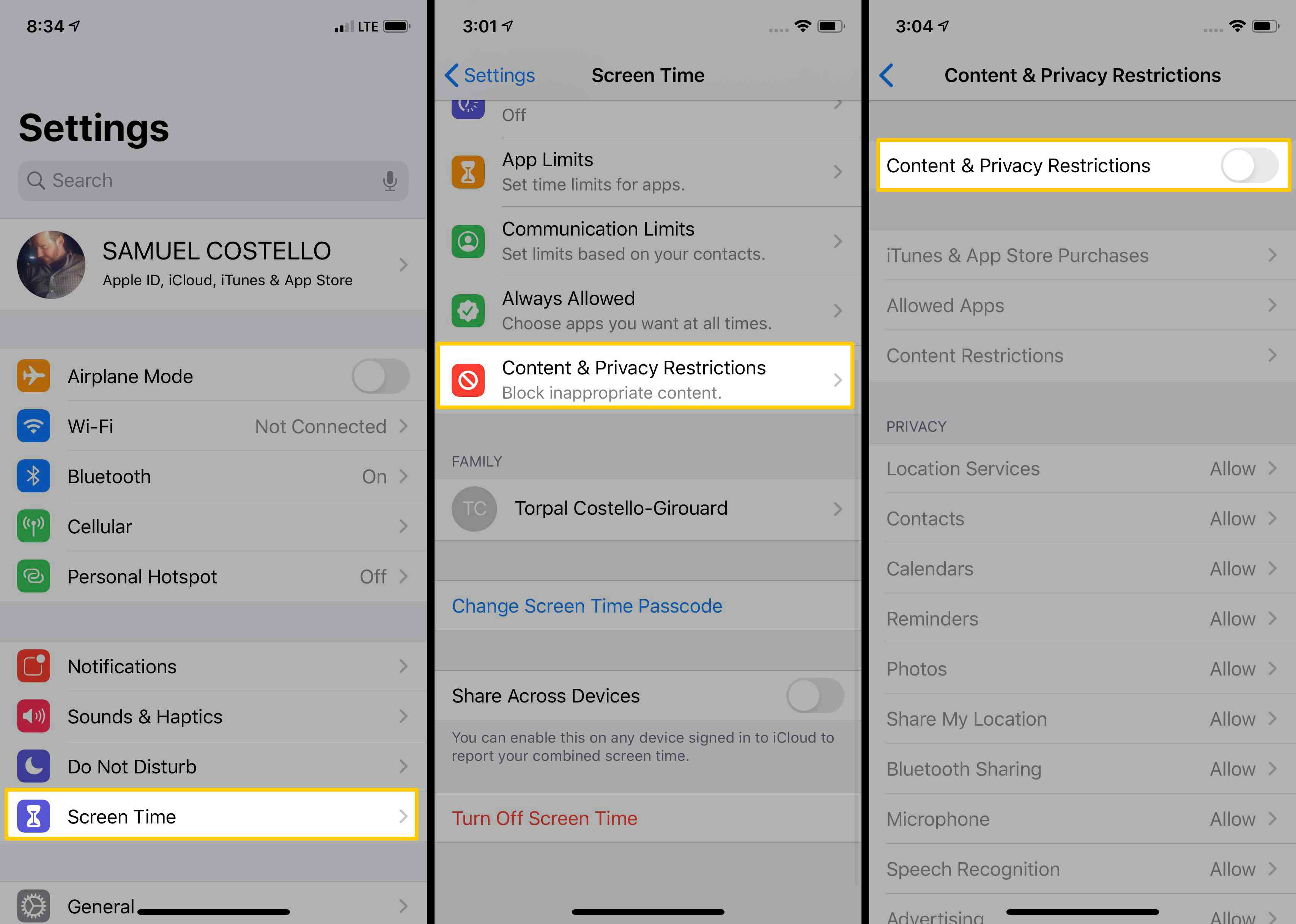 Schermafbeeldingen die laten zien hoe u inhouds- en privacybeperkingen op iOS kunt inschakelen.