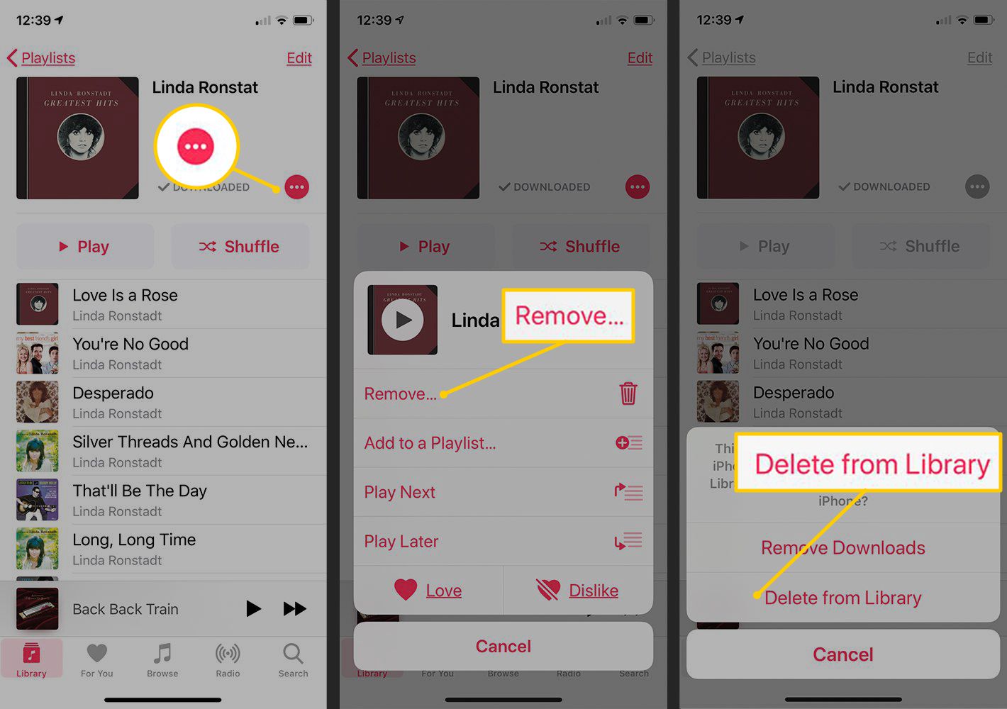 Menuknop, knop Verwijderen, Verwijderen uit bibliotheek in iOS Music-app