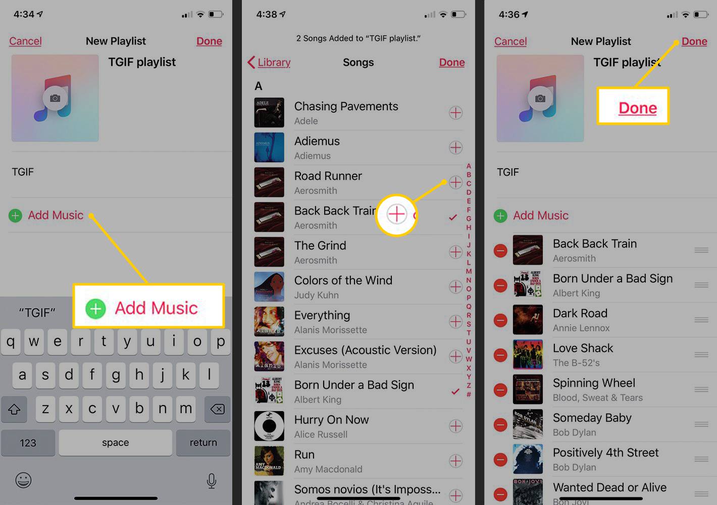 Muziek toevoegen, Plus-pictogram, knop Gereed in iOS Music-app