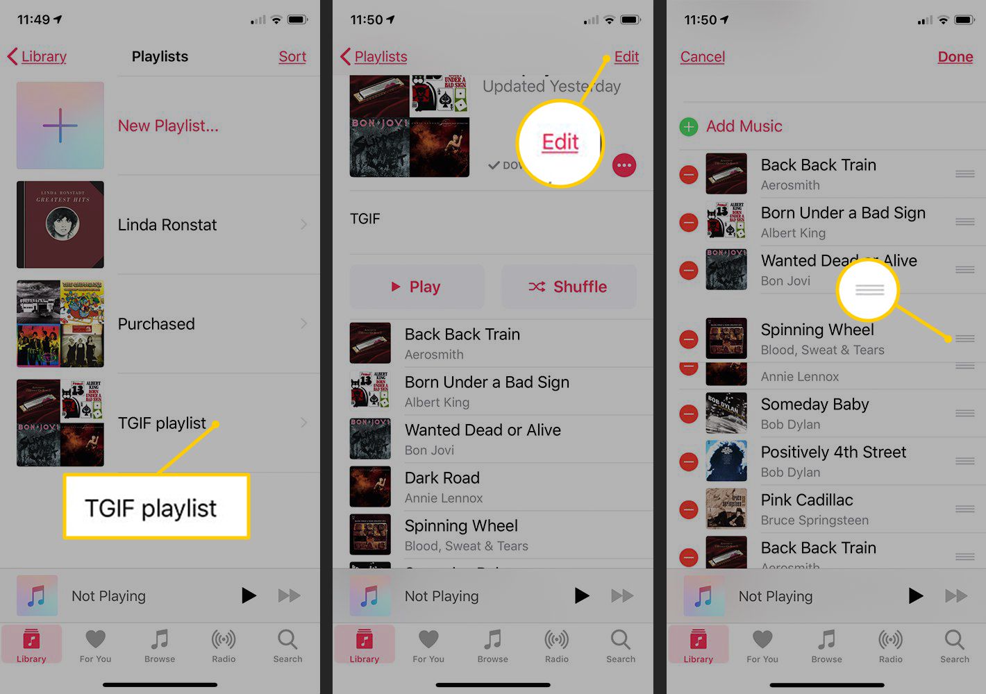 Afspeellijst, knop Bewerken, pictogram verplaatsen in iOS Music-app