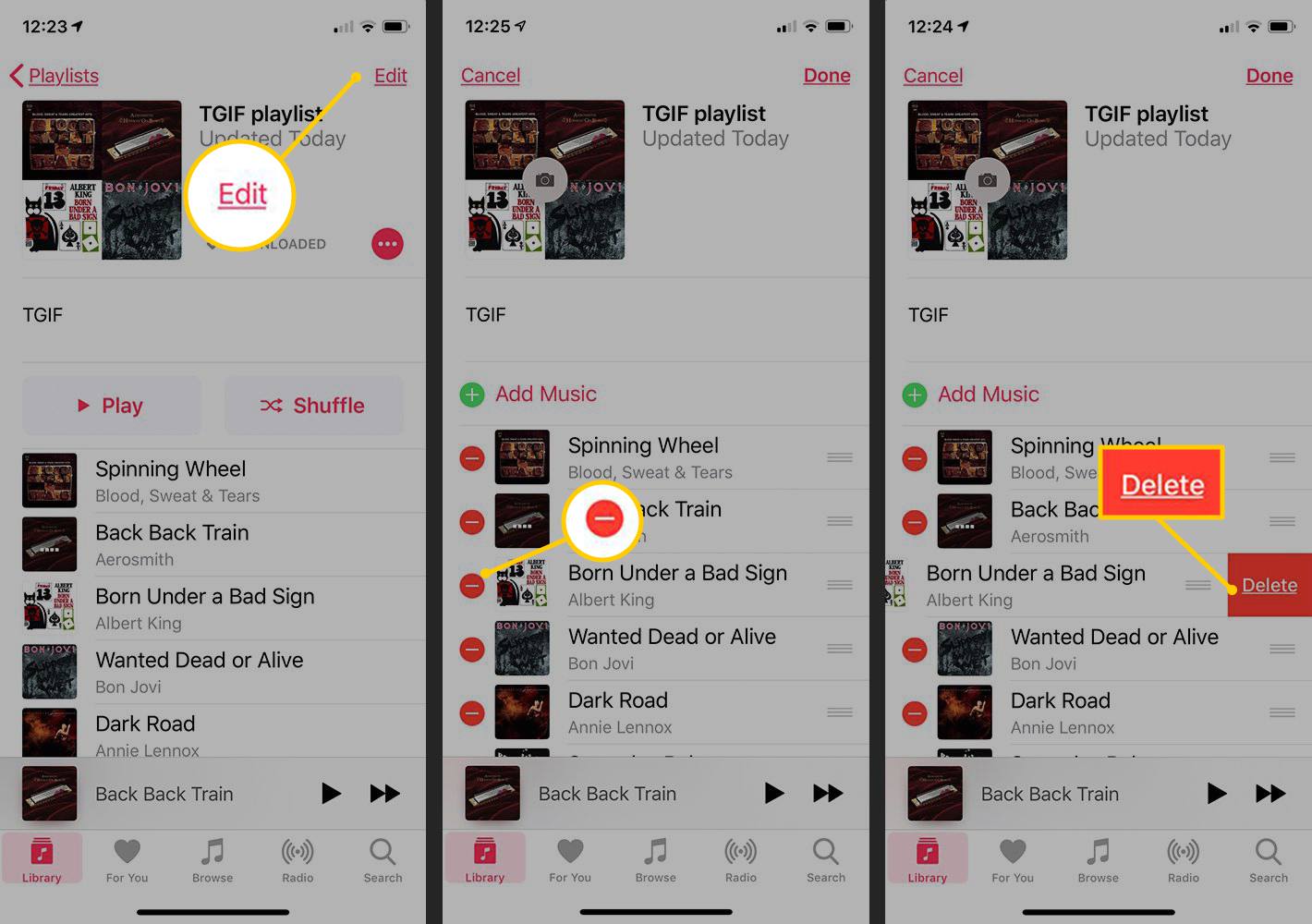 Knop Bewerken, knop verwijderen, bevestiging verwijderen in iOS Music-app