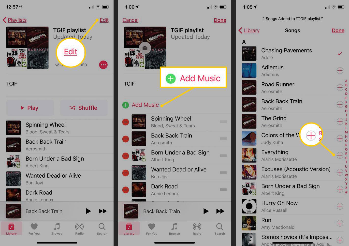 Bewerken, Muziek toevoegen, Plus-pictogram in de iOS Music-app