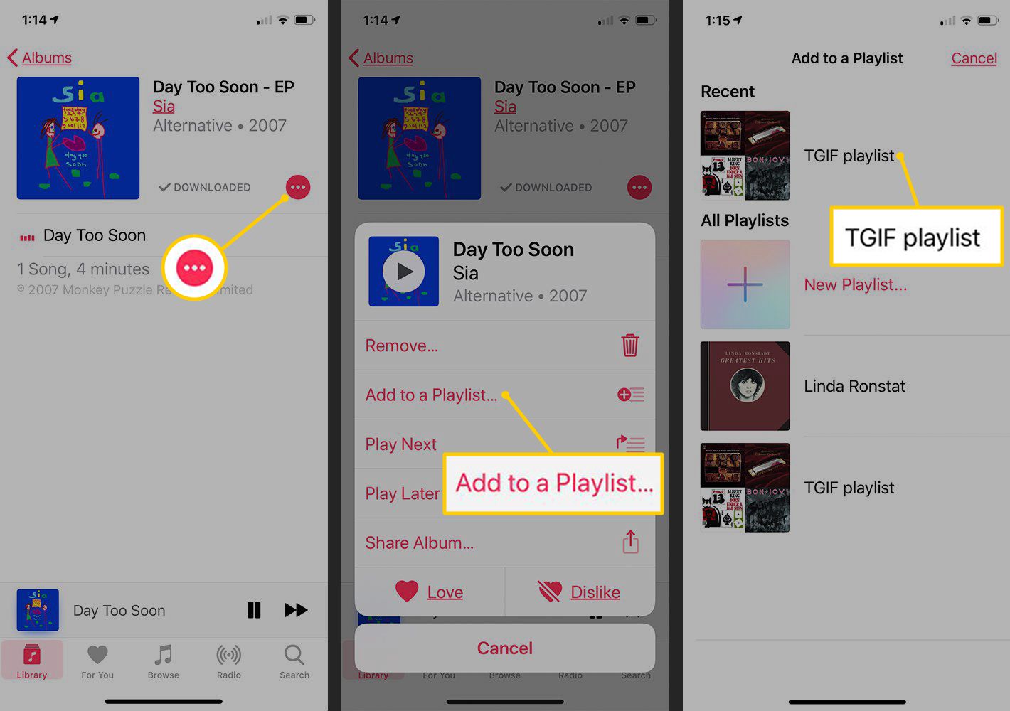 Menuknop, Toevoegen aan een afspeellijst, doelafspeellijst in iOS Music-app