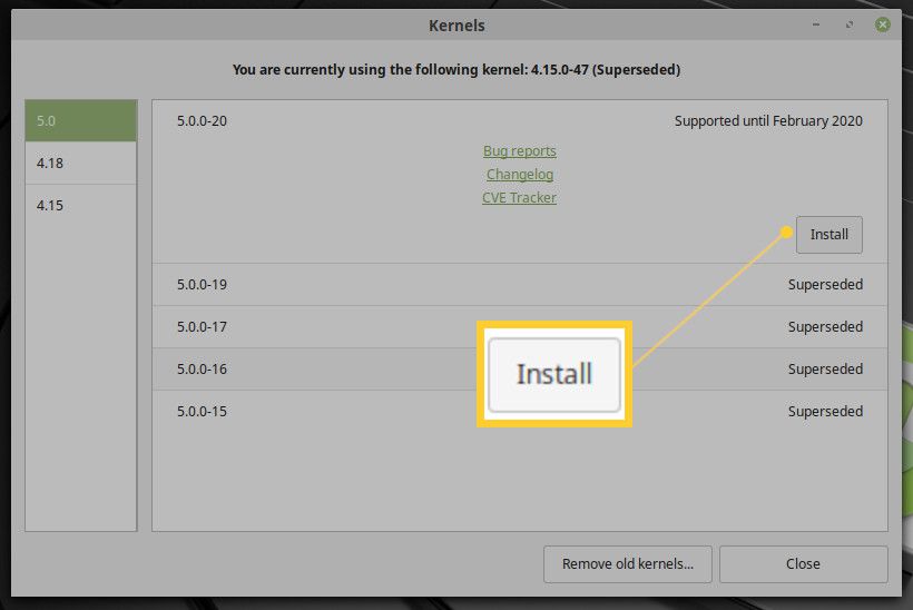 Screenshot van het installeren van een nieuwere kernel op Linux Mint.