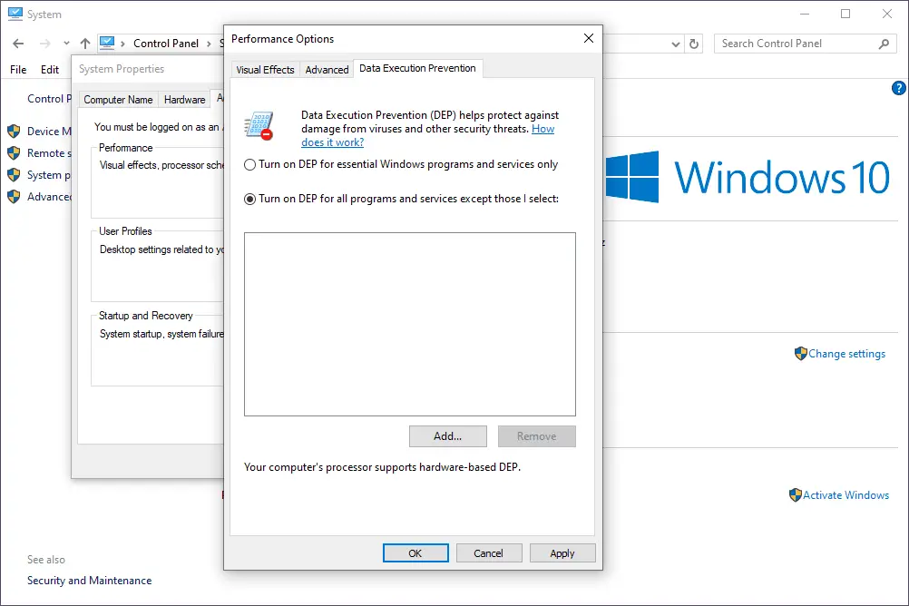 prestatie-opties in Windows 10