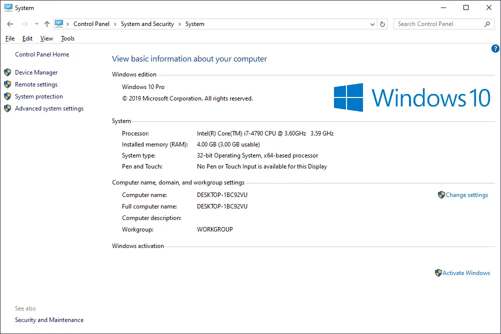 Windows 10 Systeemvenster