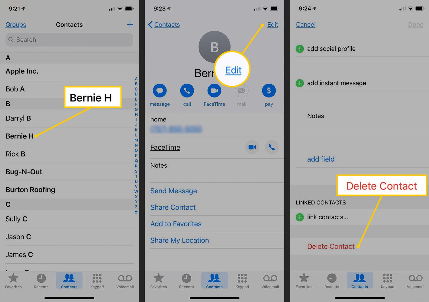 Contact, knop Bewerken, knop Contact verwijderen op iOS