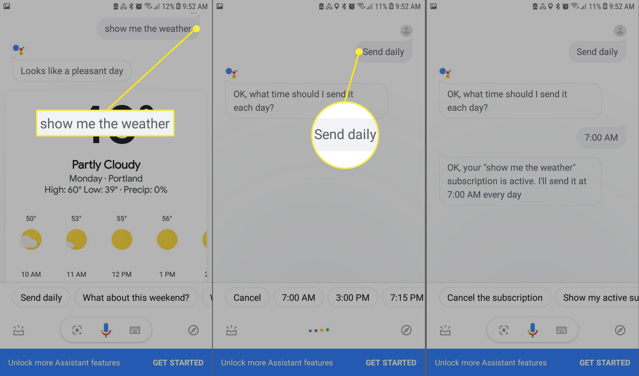 Met Google Assistant kun je abonnementen instellen voor bepaalde informatie, zoals dagelijkse weersupdates.