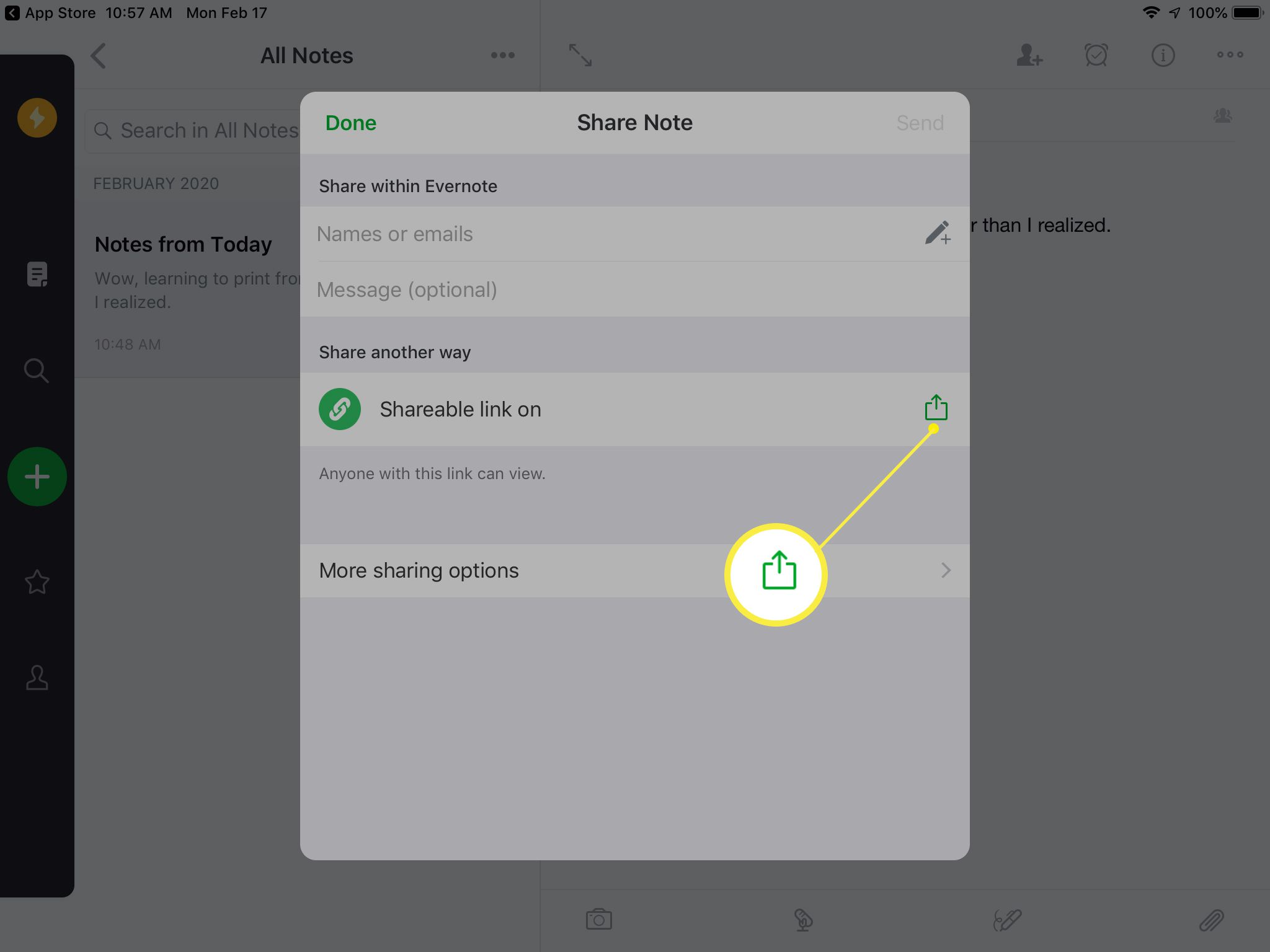 Scherm Notitie delen in Evernote