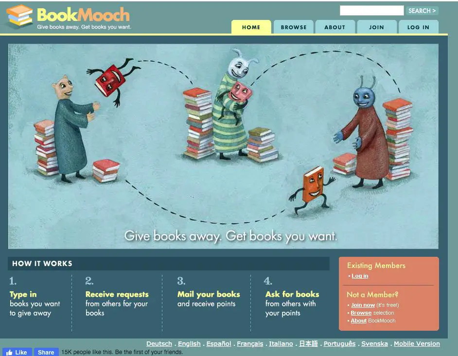 Screenshot van BookMooch boek-gecentreerde sociale site